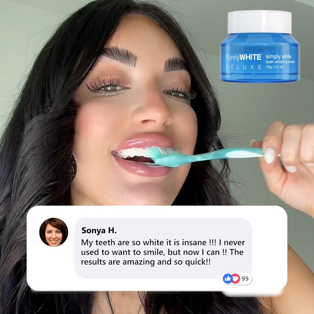 Customer brushing with PurelyWHITE powder, sharing a comment about her results
